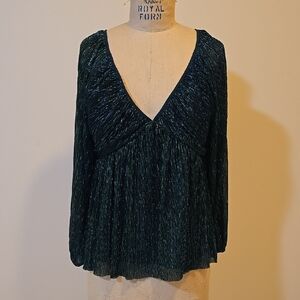 Express Blue Green Smocked V-neck Blouse